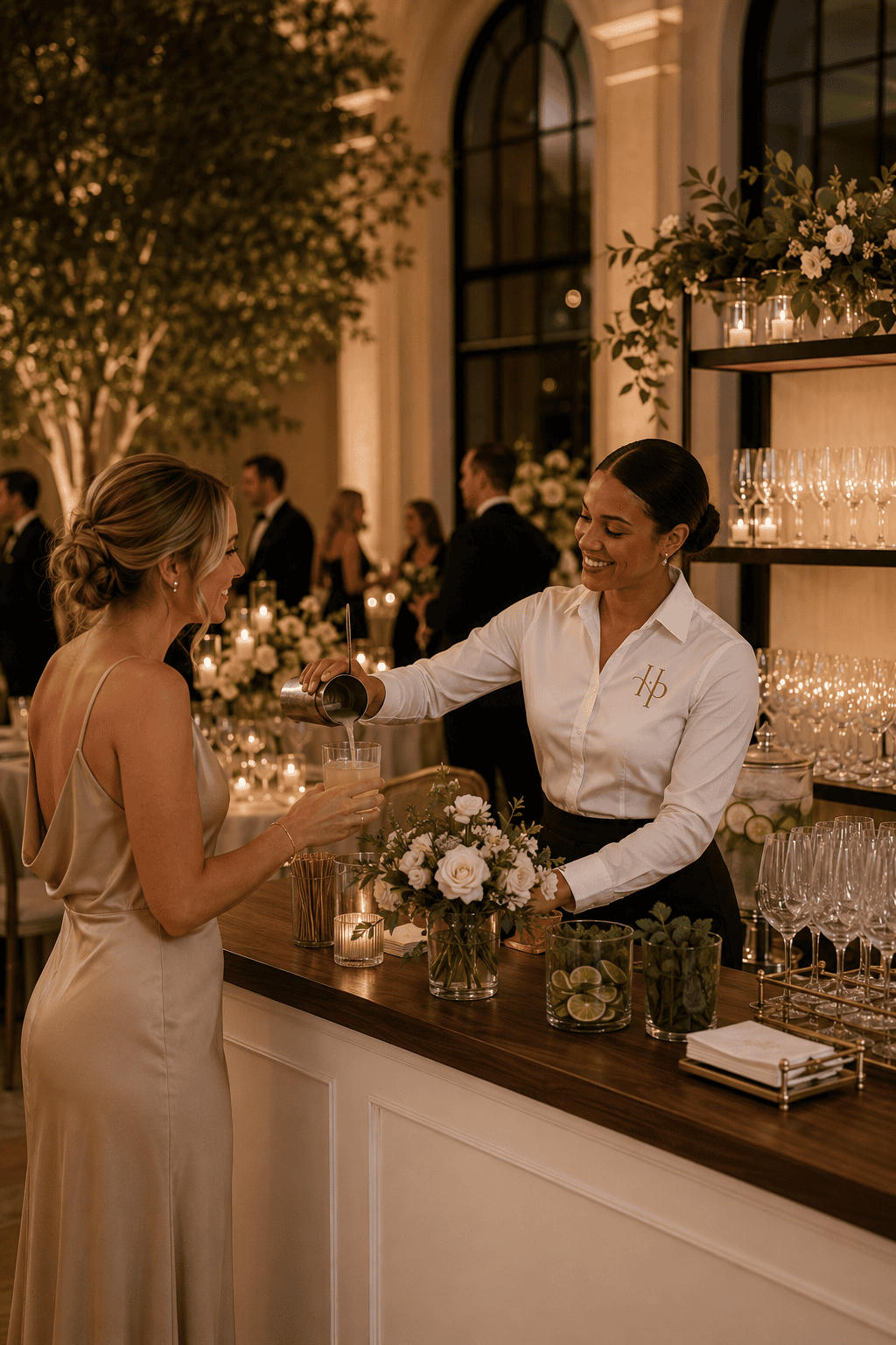 Hosted Pour beverage host serving a guest at an elegant event